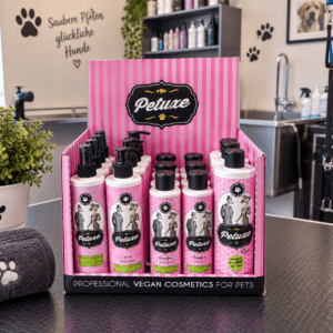 Petuxe® Thekendisplay „Für alle Rassen“ – Shampoo, Conditioner & Feuchtigkeitsmaske