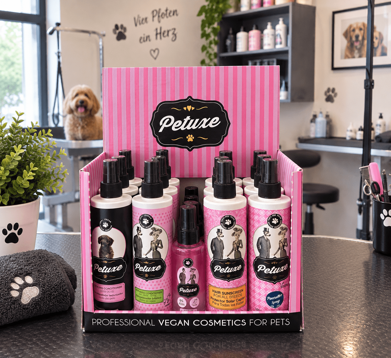 Petuxe® Thekendisplay – Kämmsprays & Conditioner für Hunde